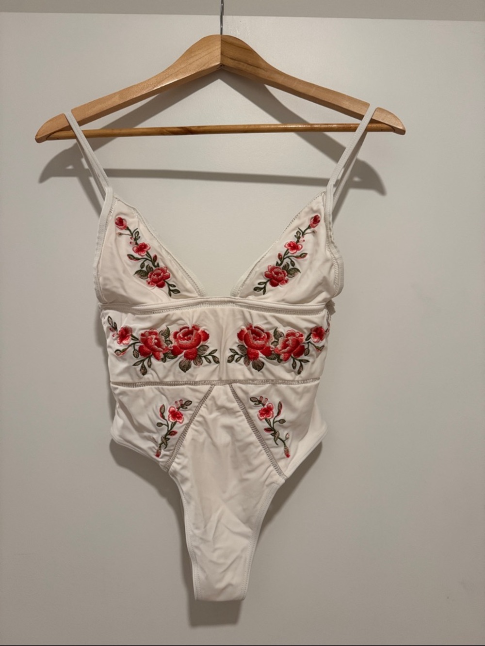 Tobi White One-Piece with Red Rose Embroidery